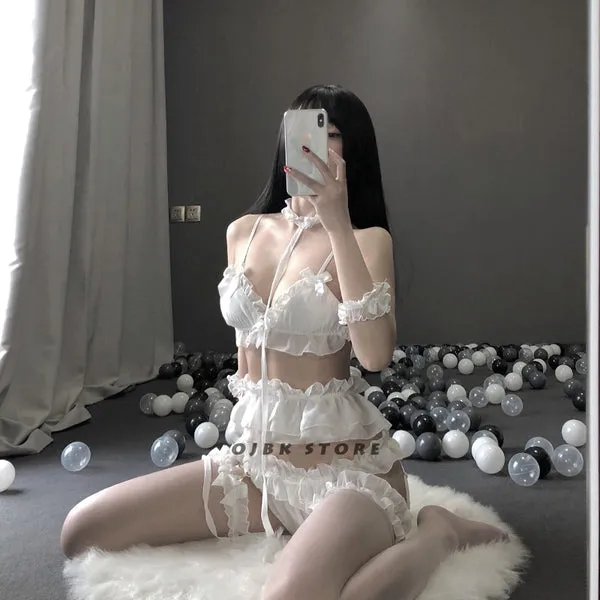LOLITA WOMEN SEXY LINGERIE SET CUTE WHITE RUFFLES LACE LADIES KAWAII BABYDOLL SOFT GIRL BLACK PAJAMAS COSPLAY COSTUMES GIFTS sextoypremium Anal
