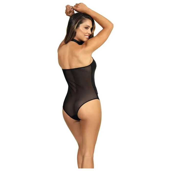 Axami Lingerie Anal Stretch Wetlook Mesh Panel Bodysuit Black Large