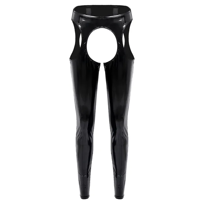 EVEs SECRETS Restraints Womens Wet Look High Waist Cutout Leggings Exotic Glossy Patent Leather Skinny Pants