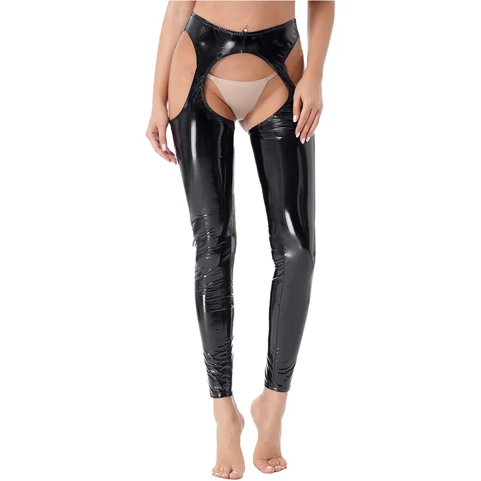 EVEs SECRETS Restraints Womens Wet Look High Waist Cutout Leggings Exotic Glossy Patent Leather Skinny Pants