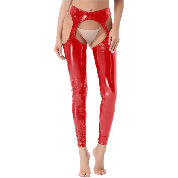EVEs SECRETS Restraints Womens Wet Look High Waist Cutout Leggings Exotic Glossy Patent Leather Skinny Pants