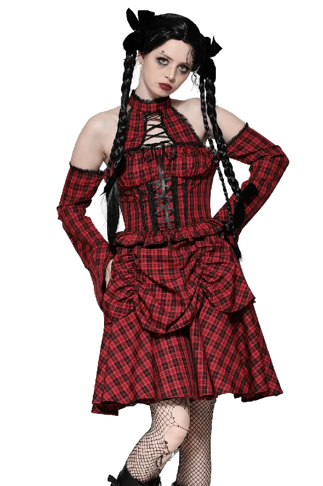 Gothic Red Plaid Corset Dress with Ruffled Accents EVEs SECRETS Vibrators