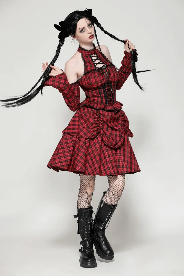 Gothic Red Plaid Corset Dress with Ruffled Accents EVEs SECRETS Vibrators