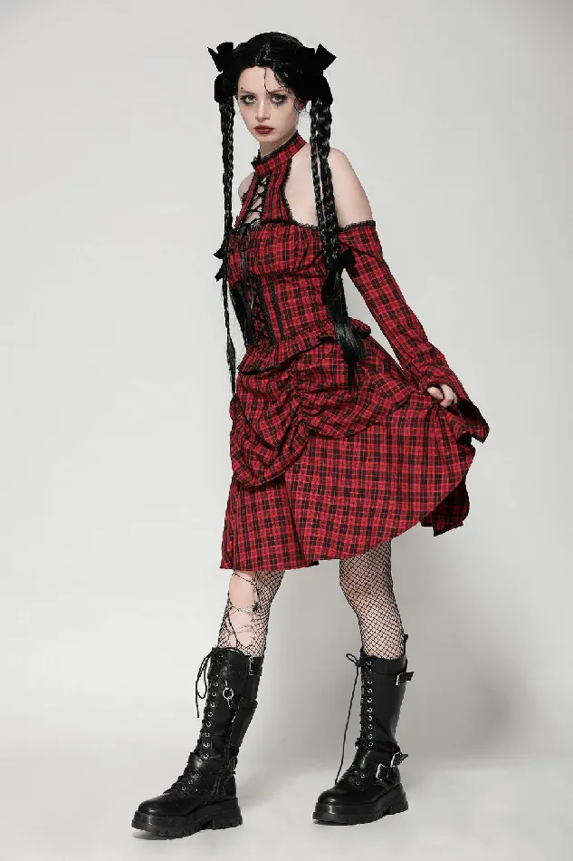 Gothic Red Plaid Corset Dress with Ruffled Accents EVEs SECRETS Vibrators