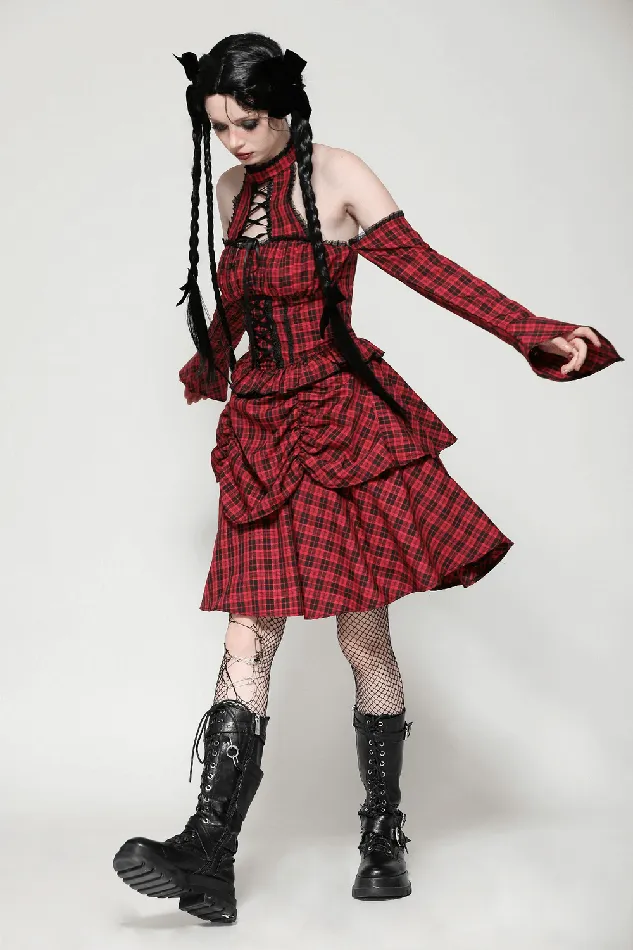 Gothic Red Plaid Corset Dress with Ruffled Accents EVEs SECRETS Vibrators