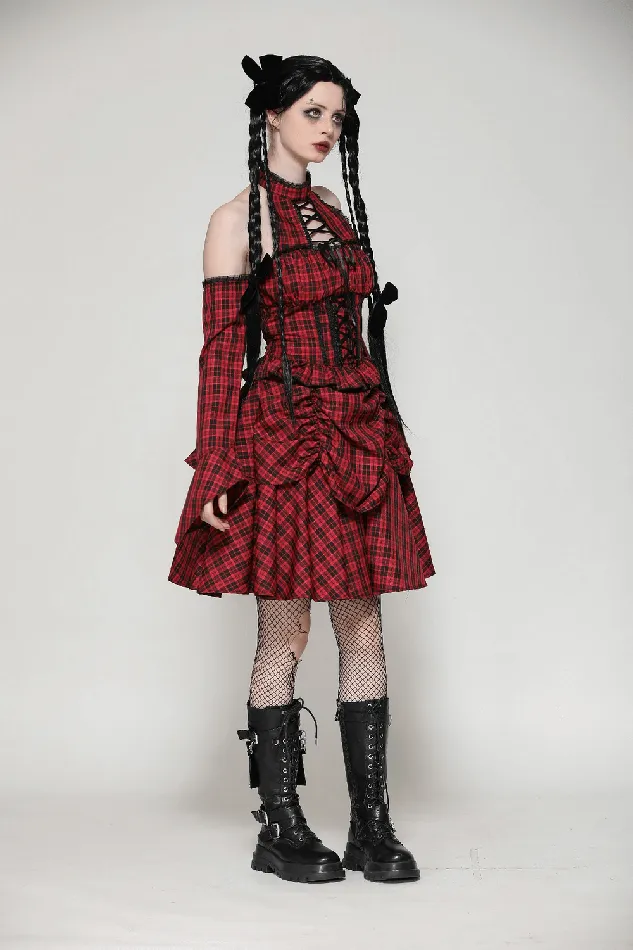 Gothic Red Plaid Corset Dress with Ruffled Accents EVEs SECRETS Vibrators
