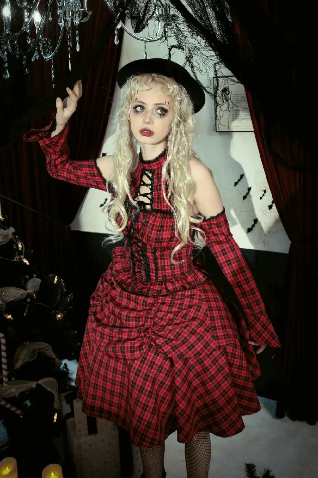 Gothic Red Plaid Corset Dress with Ruffled Accents EVEs SECRETS Vibrators