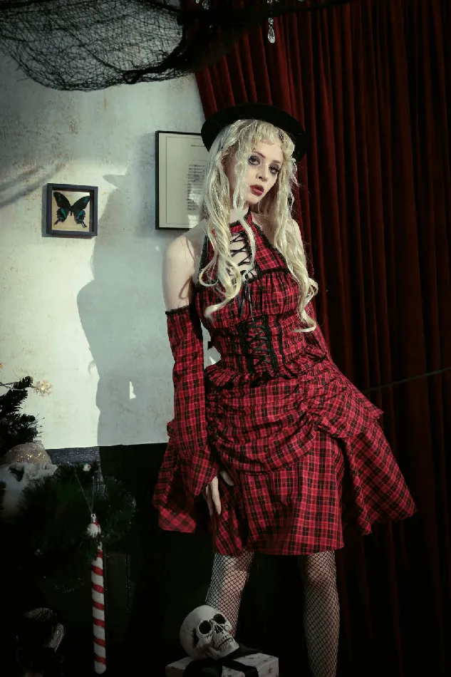 Gothic Red Plaid Corset Dress with Ruffled Accents EVEs SECRETS Vibrators