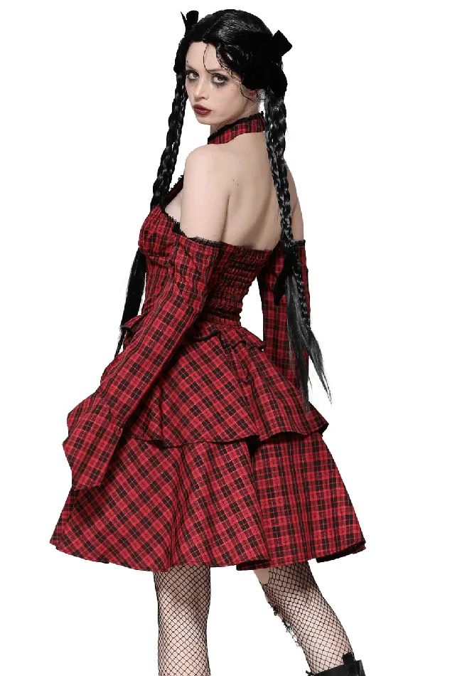 Gothic Red Plaid Corset Dress with Ruffled Accents EVEs SECRETS Vibrators
