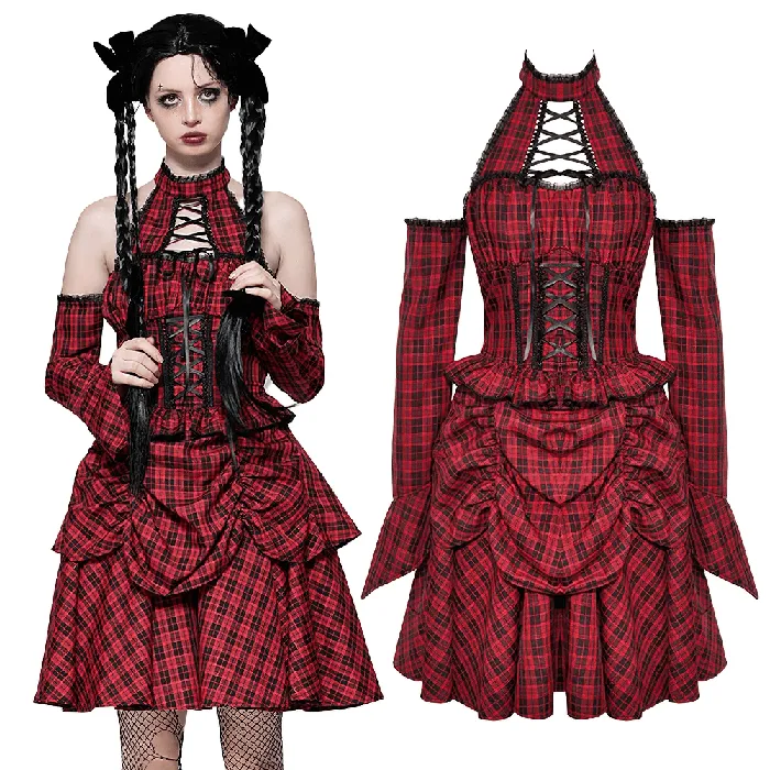 Gothic Red Plaid Corset Dress with Ruffled Accents EVEs SECRETS Vibrators