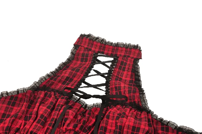 Gothic Red Plaid Corset Dress with Ruffled Accents EVEs SECRETS Vibrators