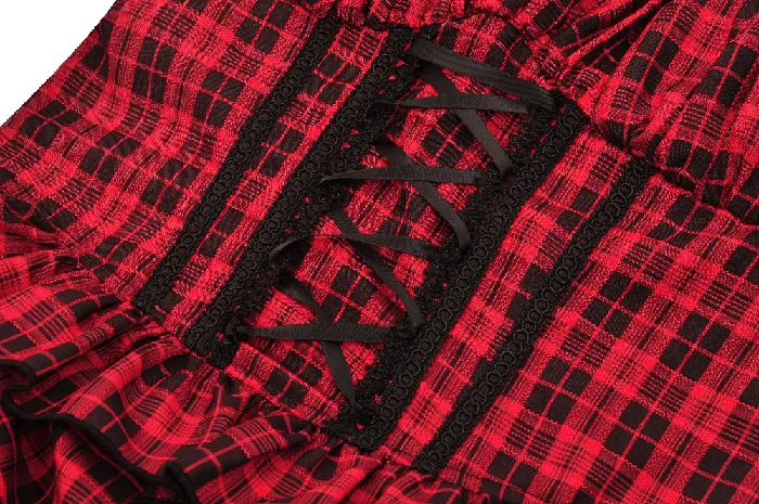 Gothic Red Plaid Corset Dress with Ruffled Accents EVEs SECRETS Vibrators