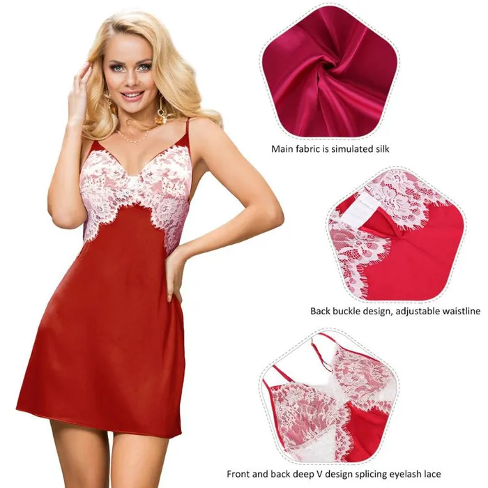 Anal FRISKY BUSINESS SG Babydoll 1 Pc Sexy Satin Lace Stitching Open Back Sleepwear