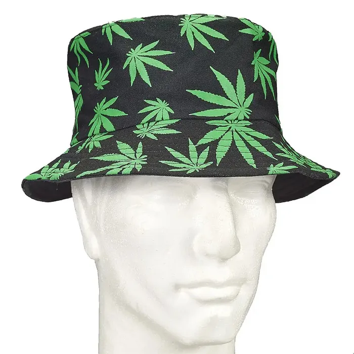Anal Fashioncraft Black Bucket Hat W Green Leaves Anal Fashioncraft Black Bucket Hat W Green Leaves