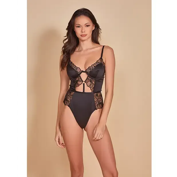 Anal Thread Bare Satin Embroidered Mesh Teddy Black icollection lingerie