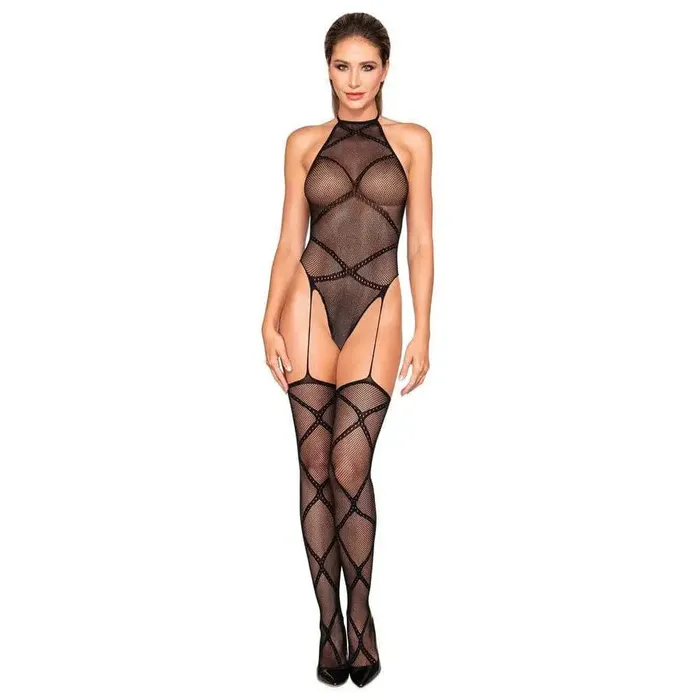 Dreamgirl International Bodystockings Playsuits Dreamgirl Fishnet Teddy Style Bodystocking with Halter Neckline and Garter