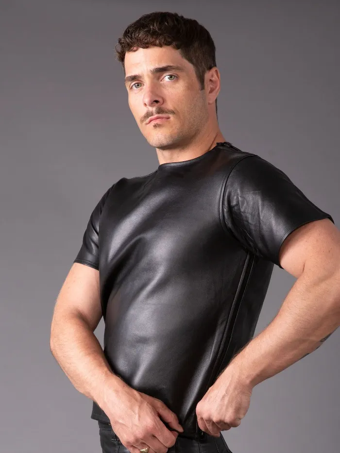 HonourSkintwocom Restraints Leather TShirt with Multi Zips in Black