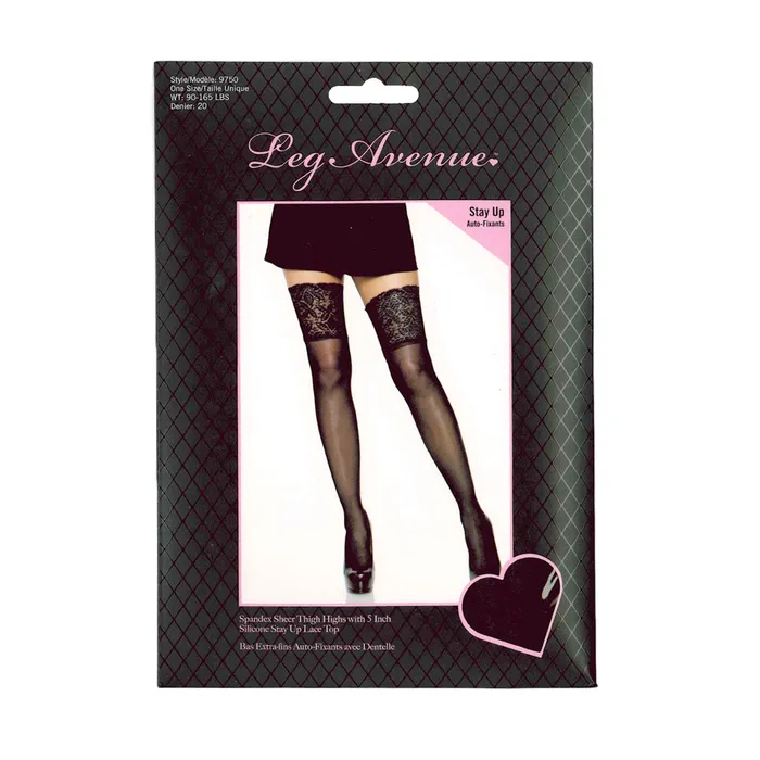 Leg Avenue Spandex Sheer Thigh Highs With 5 Silicone Stay Up Lace Top Black OS Leg Avenue Anal