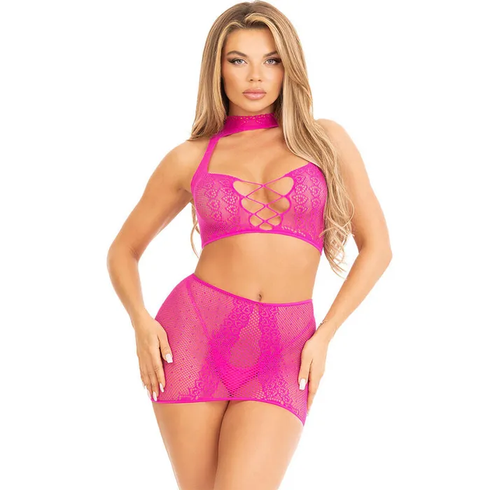 Leg Avenue Vibrators LEG AVENUE FUCHSIA OPEN LACE TOP SKIRT