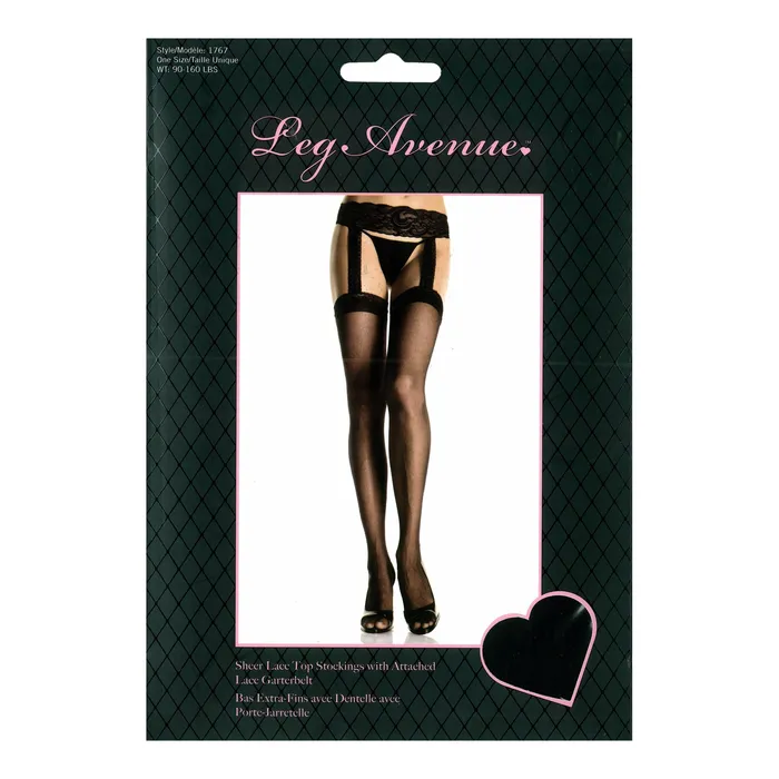 Teddies And Bodies Leg Avenue Sheer Lace Top Stockings with Attached Lace Garterbelt Black One Size Leg Avenue