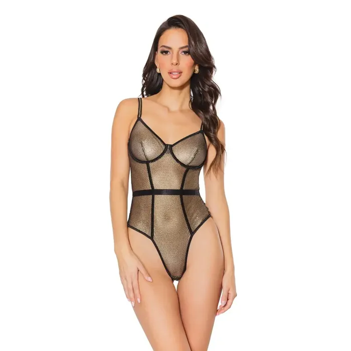 Vibrators Holiday Metallic Fishnet Teddy Wunderwire Cups Blackgold Coquette